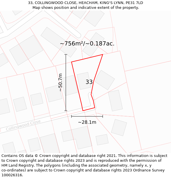 33, COLLINGWOOD CLOSE, HEACHAM, KING'S LYNN, PE31 7LD: Plot and title map