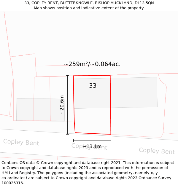 33, COPLEY BENT, BUTTERKNOWLE, BISHOP AUCKLAND, DL13 5QN: Plot and title map