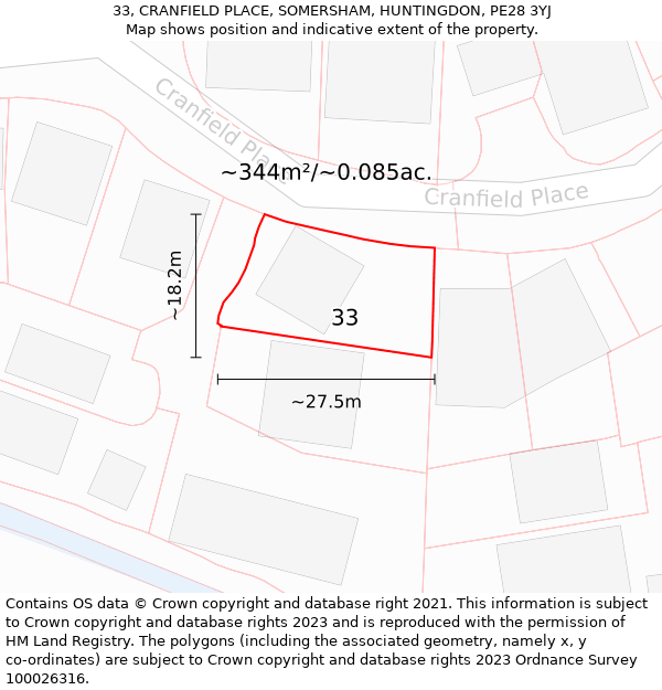 33, CRANFIELD PLACE, SOMERSHAM, HUNTINGDON, PE28 3YJ: Plot and title map