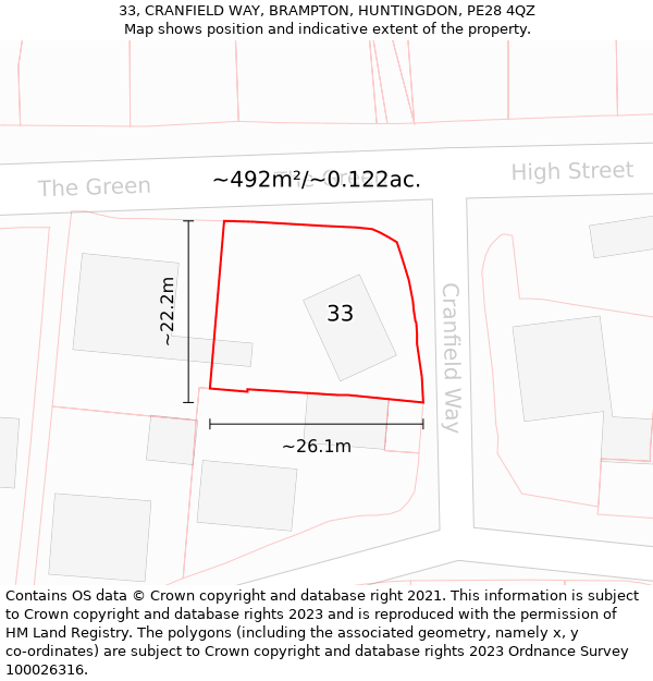 33, CRANFIELD WAY, BRAMPTON, HUNTINGDON, PE28 4QZ: Plot and title map