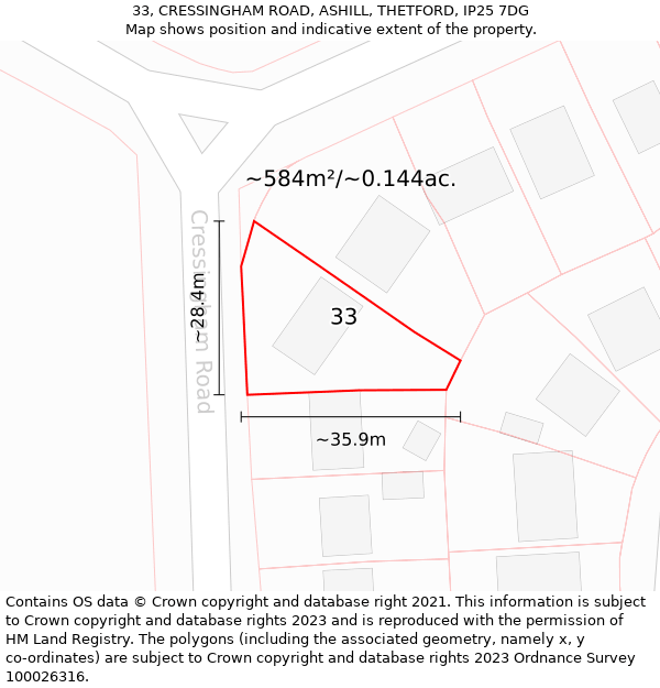 33, CRESSINGHAM ROAD, ASHILL, THETFORD, IP25 7DG: Plot and title map