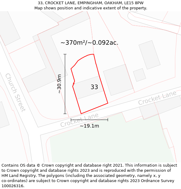 33, CROCKET LANE, EMPINGHAM, OAKHAM, LE15 8PW: Plot and title map