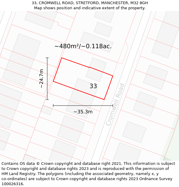 33, CROMWELL ROAD, STRETFORD, MANCHESTER, M32 8GH: Plot and title map