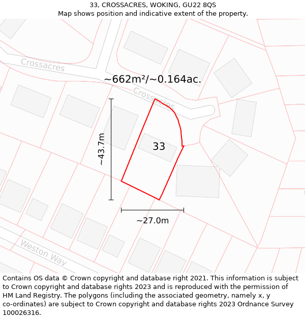 33, CROSSACRES, WOKING, GU22 8QS: Plot and title map