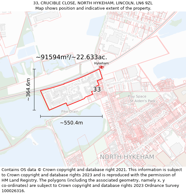 33, CRUCIBLE CLOSE, NORTH HYKEHAM, LINCOLN, LN6 9ZL: Plot and title map