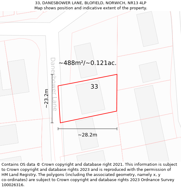 33, DANESBOWER LANE, BLOFIELD, NORWICH, NR13 4LP: Plot and title map