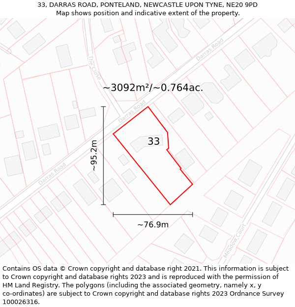 33, DARRAS ROAD, PONTELAND, NEWCASTLE UPON TYNE, NE20 9PD: Plot and title map