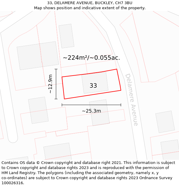 33, DELAMERE AVENUE, BUCKLEY, CH7 3BU: Plot and title map