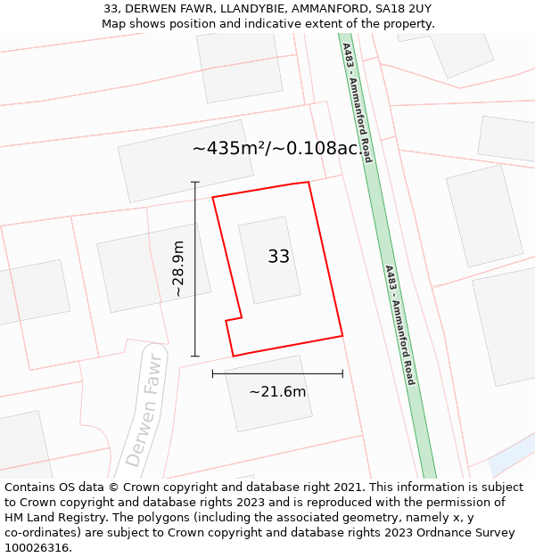 33, DERWEN FAWR, LLANDYBIE, AMMANFORD, SA18 2UY: Plot and title map