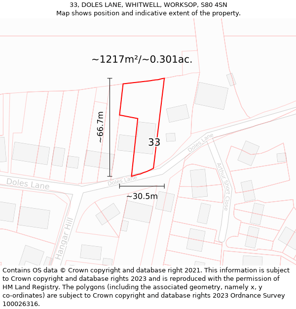 33, DOLES LANE, WHITWELL, WORKSOP, S80 4SN: Plot and title map