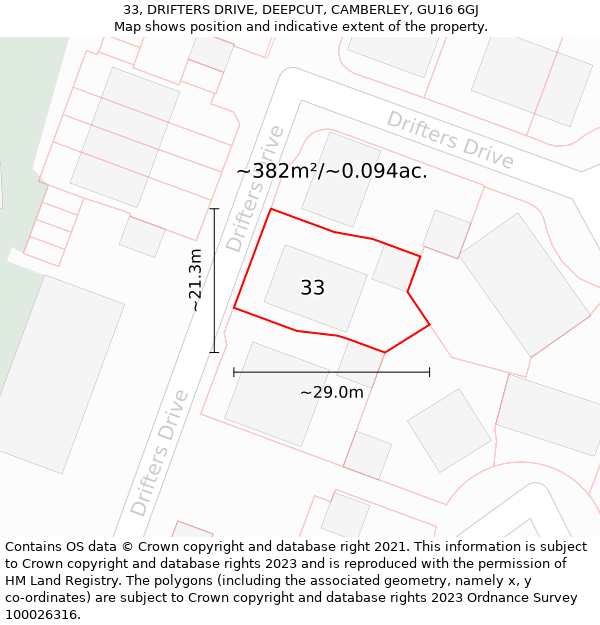 33, DRIFTERS DRIVE, DEEPCUT, CAMBERLEY, GU16 6GJ: Plot and title map