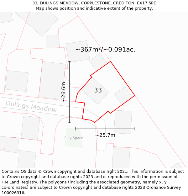 33, DULINGS MEADOW, COPPLESTONE, CREDITON, EX17 5PE: Plot and title map