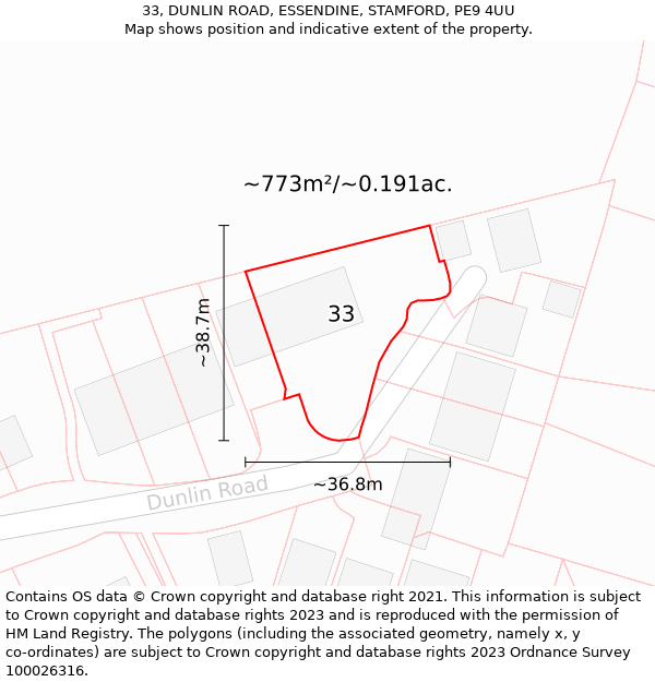 33, DUNLIN ROAD, ESSENDINE, STAMFORD, PE9 4UU: Plot and title map