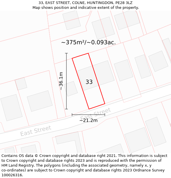 33, EAST STREET, COLNE, HUNTINGDON, PE28 3LZ: Plot and title map