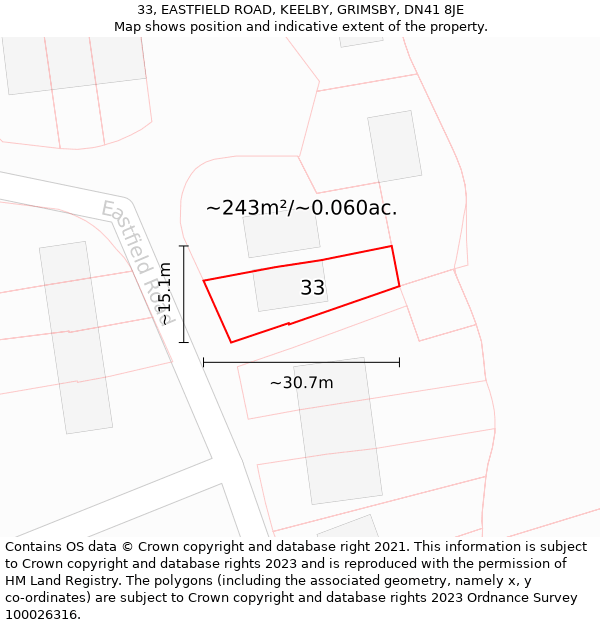 33, EASTFIELD ROAD, KEELBY, GRIMSBY, DN41 8JE: Plot and title map