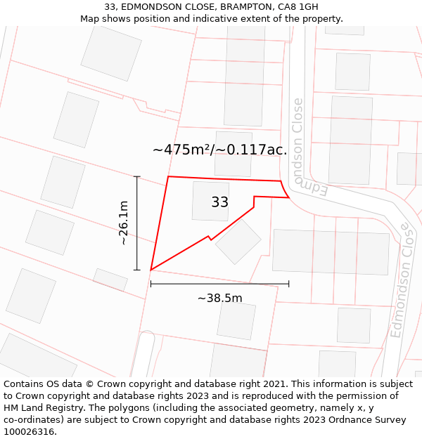 33, EDMONDSON CLOSE, BRAMPTON, CA8 1GH: Plot and title map