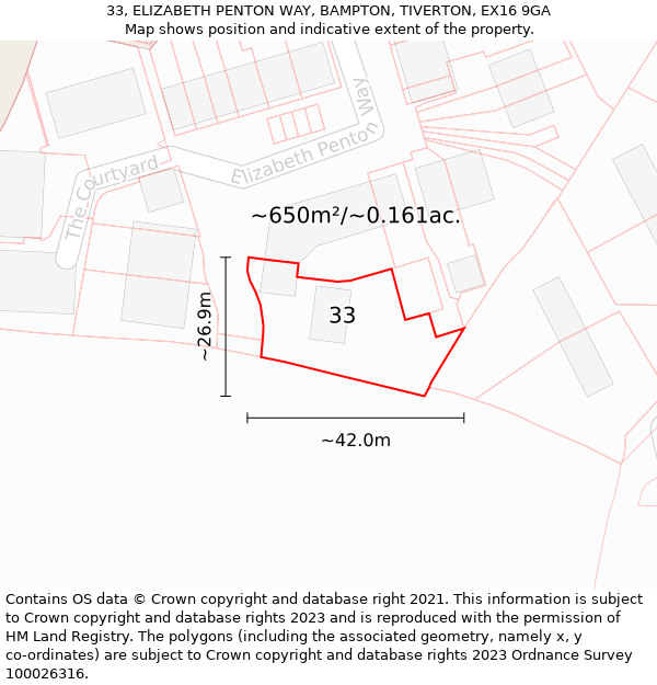 33, ELIZABETH PENTON WAY, BAMPTON, TIVERTON, EX16 9GA: Plot and title map