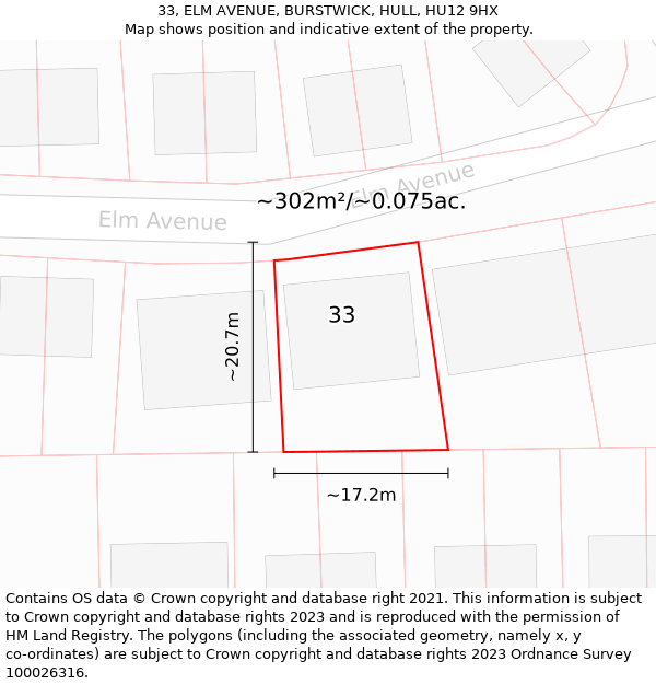 33, ELM AVENUE, BURSTWICK, HULL, HU12 9HX: Plot and title map