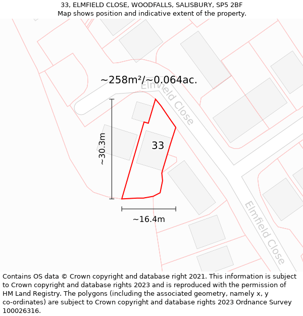 33, ELMFIELD CLOSE, WOODFALLS, SALISBURY, SP5 2BF: Plot and title map