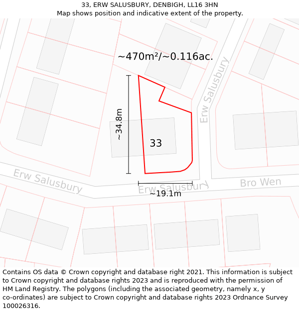 33, ERW SALUSBURY, DENBIGH, LL16 3HN: Plot and title map