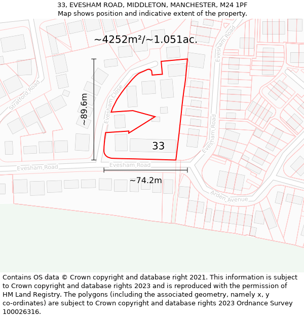 33, EVESHAM ROAD, MIDDLETON, MANCHESTER, M24 1PF: Plot and title map