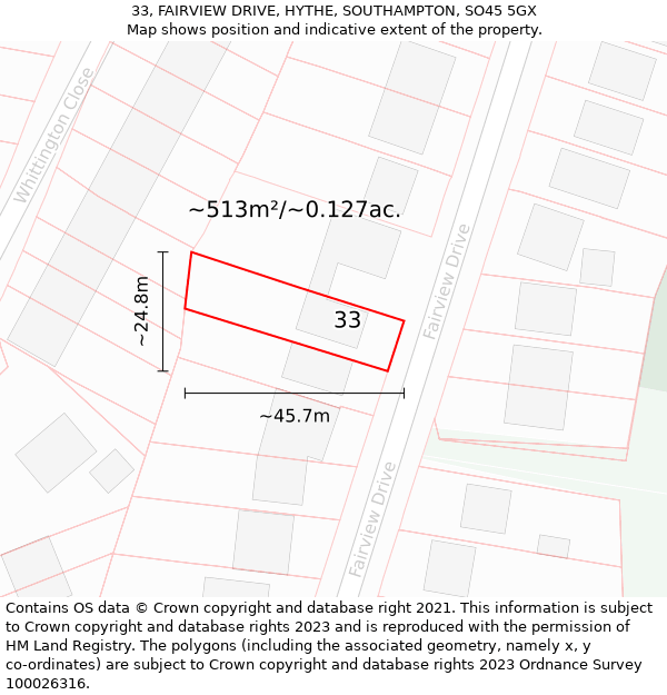 33, FAIRVIEW DRIVE, HYTHE, SOUTHAMPTON, SO45 5GX: Plot and title map