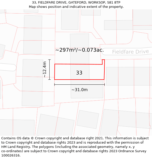 33, FIELDFARE DRIVE, GATEFORD, WORKSOP, S81 8TP: Plot and title map