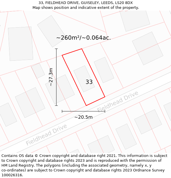 33, FIELDHEAD DRIVE, GUISELEY, LEEDS, LS20 8DX: Plot and title map