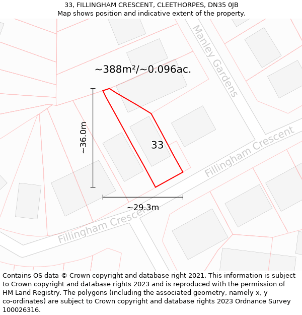 33, FILLINGHAM CRESCENT, CLEETHORPES, DN35 0JB: Plot and title map