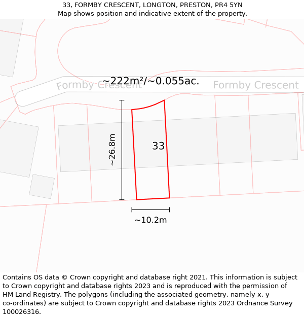 33, FORMBY CRESCENT, LONGTON, PRESTON, PR4 5YN: Plot and title map