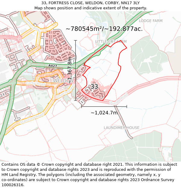 33, FORTRESS CLOSE, WELDON, CORBY, NN17 3LY: Plot and title map