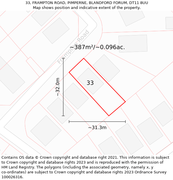 33, FRAMPTON ROAD, PIMPERNE, BLANDFORD FORUM, DT11 8UU: Plot and title map