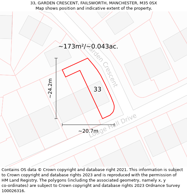 33, GARDEN CRESCENT, FAILSWORTH, MANCHESTER, M35 0SX: Plot and title map