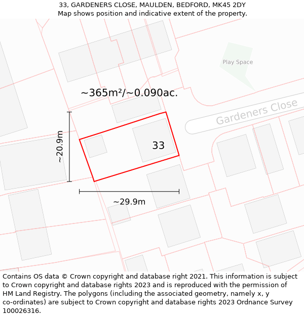 33, GARDENERS CLOSE, MAULDEN, BEDFORD, MK45 2DY: Plot and title map