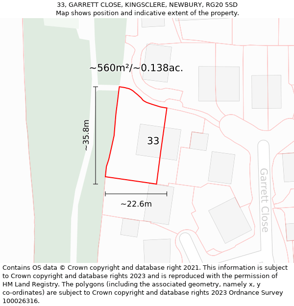 33, GARRETT CLOSE, KINGSCLERE, NEWBURY, RG20 5SD: Plot and title map