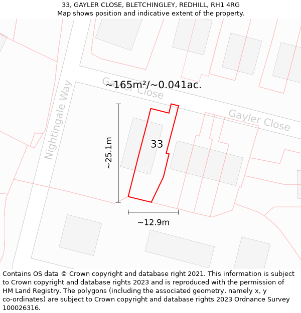 33, GAYLER CLOSE, BLETCHINGLEY, REDHILL, RH1 4RG: Plot and title map