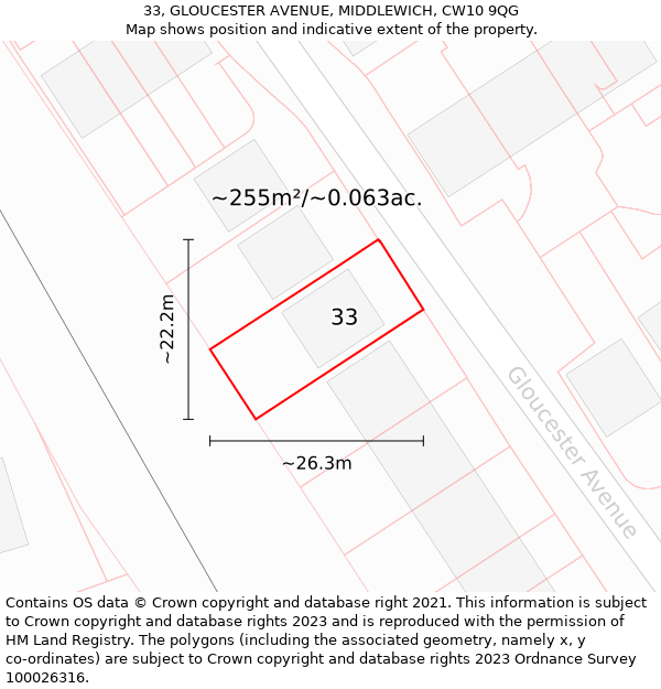 33, GLOUCESTER AVENUE, MIDDLEWICH, CW10 9QG: Plot and title map