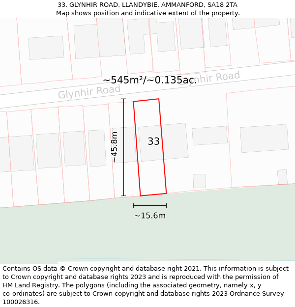 33, GLYNHIR ROAD, LLANDYBIE, AMMANFORD, SA18 2TA: Plot and title map