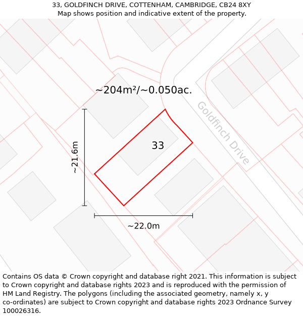 33, GOLDFINCH DRIVE, COTTENHAM, CAMBRIDGE, CB24 8XY: Plot and title map