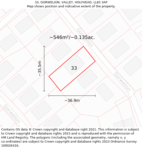 33, GORWELION, VALLEY, HOLYHEAD, LL65 3AP: Plot and title map