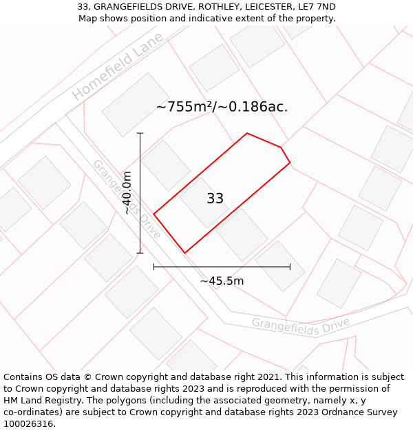 33, GRANGEFIELDS DRIVE, ROTHLEY, LEICESTER, LE7 7ND: Plot and title map