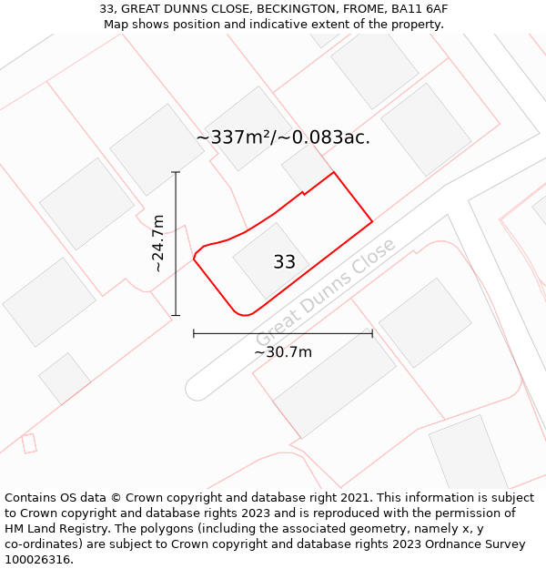 33, GREAT DUNNS CLOSE, BECKINGTON, FROME, BA11 6AF: Plot and title map