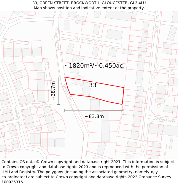 33, GREEN STREET, BROCKWORTH, GLOUCESTER, GL3 4LU: Plot and title map