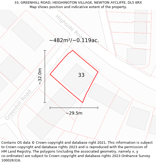 33, GREENHILL ROAD, HEIGHINGTON VILLAGE, NEWTON AYCLIFFE, DL5 6RX: Plot and title map