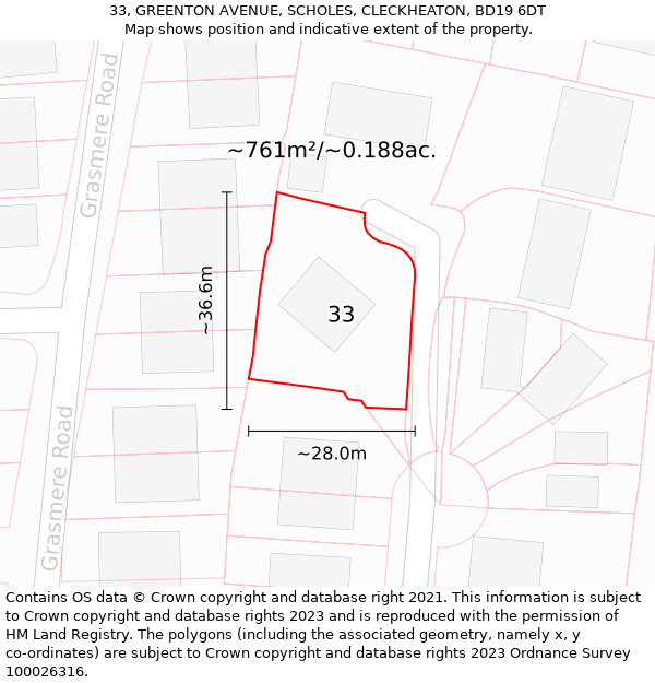 33, GREENTON AVENUE, SCHOLES, CLECKHEATON, BD19 6DT: Plot and title map