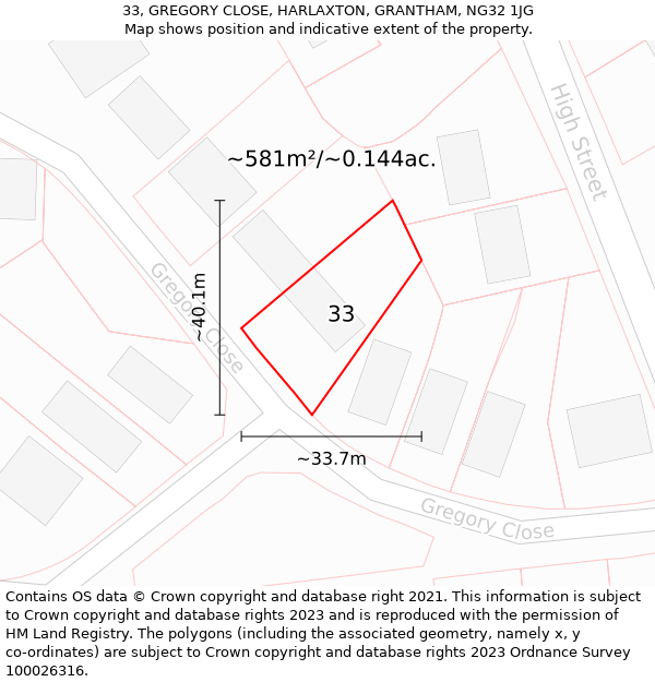 33, GREGORY CLOSE, HARLAXTON, GRANTHAM, NG32 1JG: Plot and title map