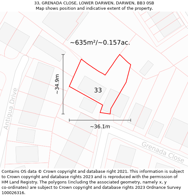 33, GRENADA CLOSE, LOWER DARWEN, DARWEN, BB3 0SB: Plot and title map