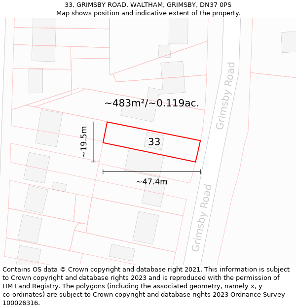 33, GRIMSBY ROAD, WALTHAM, GRIMSBY, DN37 0PS: Plot and title map