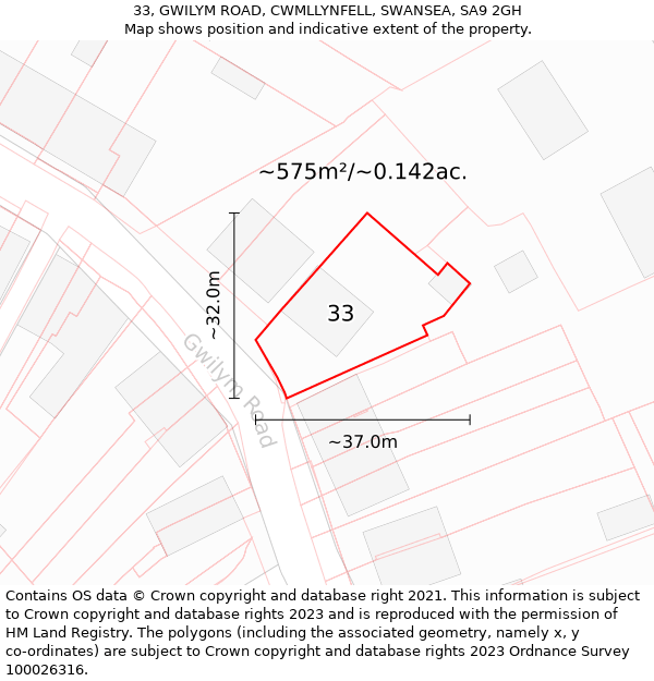 33, GWILYM ROAD, CWMLLYNFELL, SWANSEA, SA9 2GH: Plot and title map