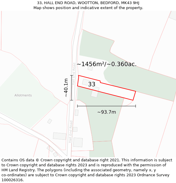 33, HALL END ROAD, WOOTTON, BEDFORD, MK43 9HJ: Plot and title map